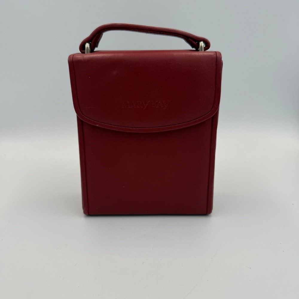Mary Kay Red Faux Leather Travel Jewelry Case Organizer with Mirror and Handle